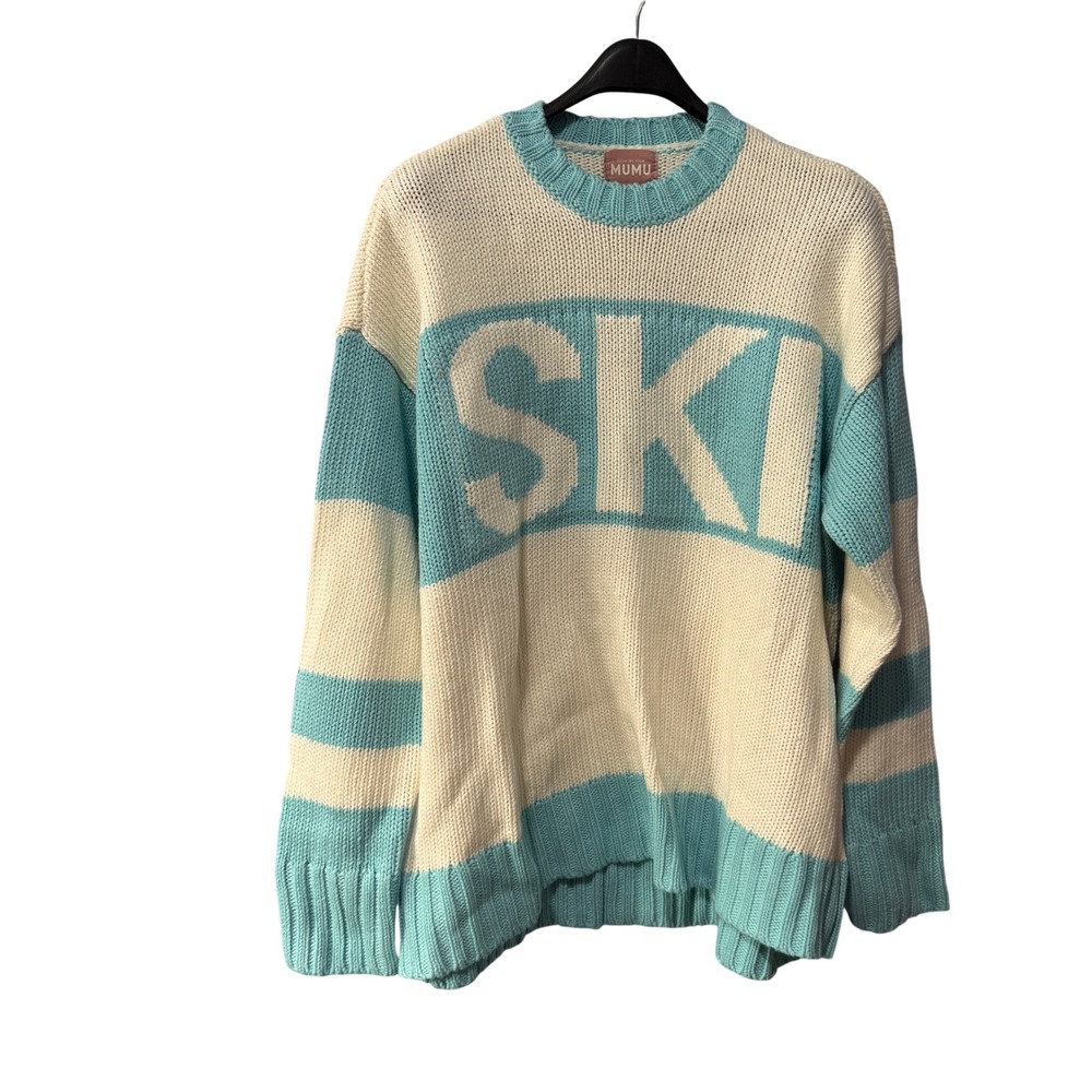Show Me Your Mumu Aspen Ski Sweater‎ Blue Cream Striped Chunky Knit XS oversized